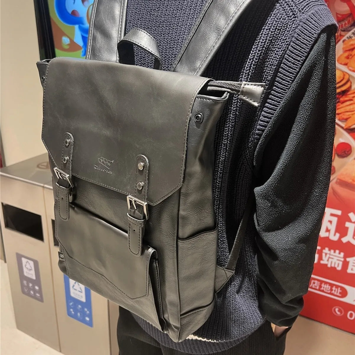 Unisex breathable PU backpack in light brown colour showing college style design