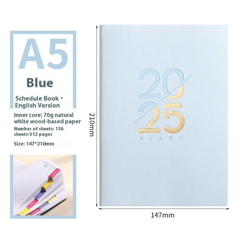 2025 A5 daily schedule book with soft faux leather cover, open to show weekly planner layout.