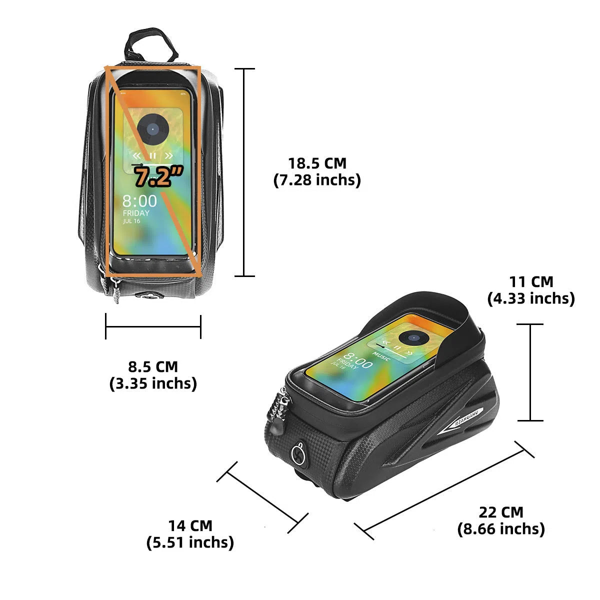 Black EVA PU leather bicycle top tube phone storage bag 1.5L with zipped closure on a bike frame