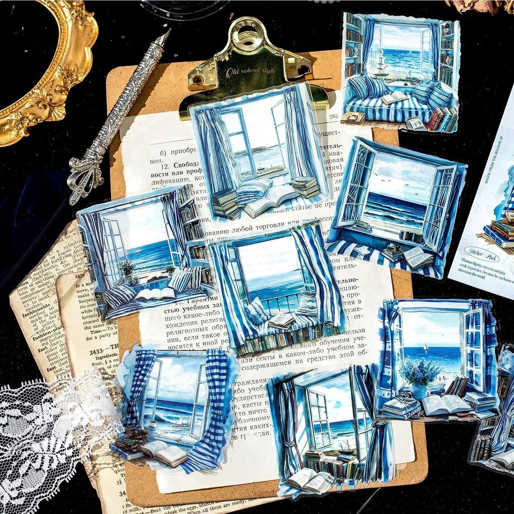 Window Story Series retro journal decorative stickers showing six window scene colour themes