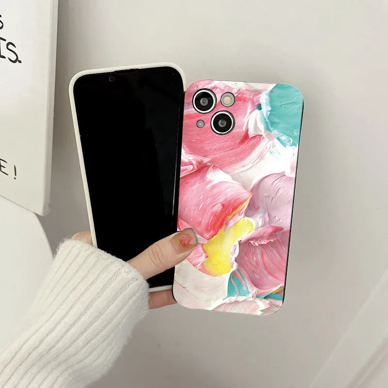 Oil painting flowers embossed PC phone case for iPhone with shockproof protection
