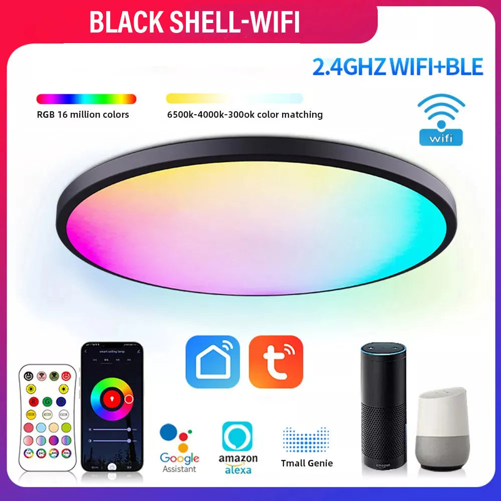 Black or white intelligent Bluetooth ceiling lamp with RGBCW colour dimming controls and 300mm diameter