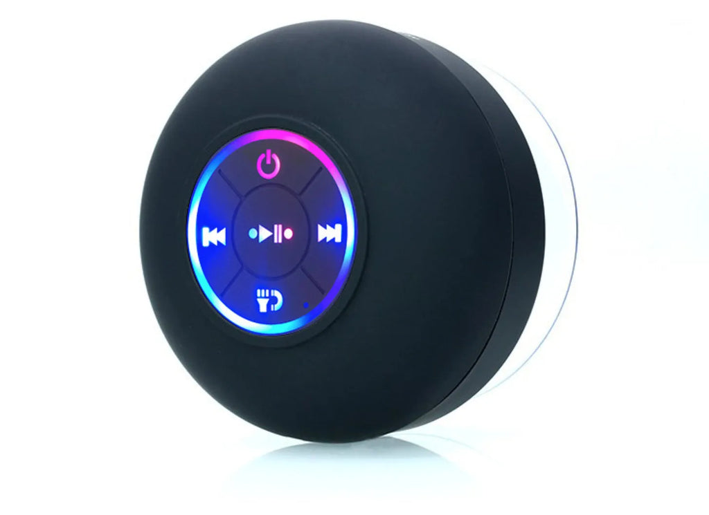 Waterproof Bluetooth speaker with suction cup base and LED lights in six colour options