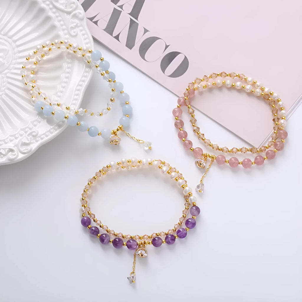 Freshwater pearl double ring bracelet with crystal beads in choice of three colours