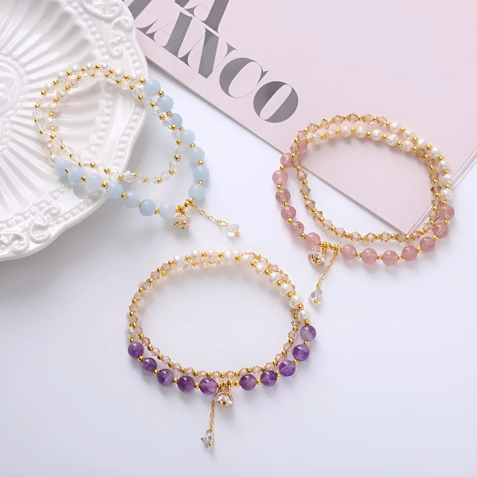 Freshwater pearl double ring bracelet with crystal beads in choice of three colours