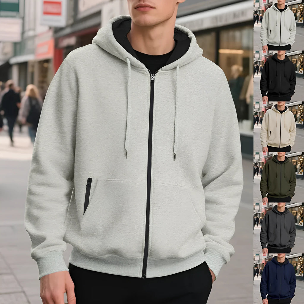 Men's fleece-lined loose drawstring hooded zip-up sweater in six colour options and sizes S to XXXL