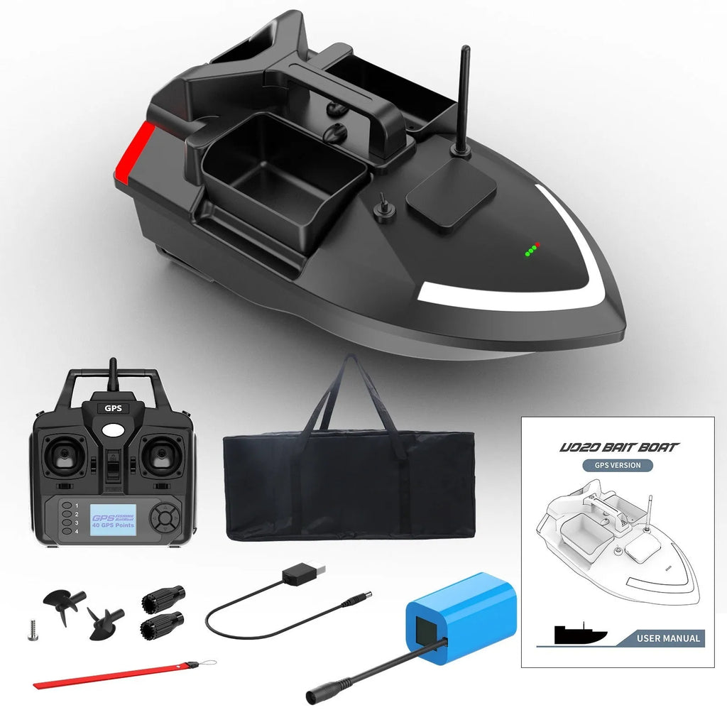 V020 black remote control fishing boat with GPS antenna on a calm lake at dusk