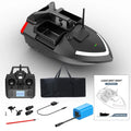 V020 black remote control fishing boat with GPS antenna on a calm lake at dusk