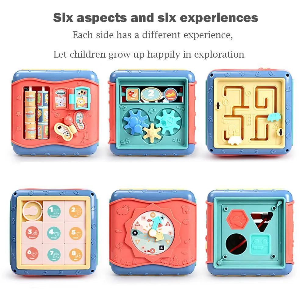 Baby educational hexahedron cube with six learning activities showing bead maze, gears, and shape sorting