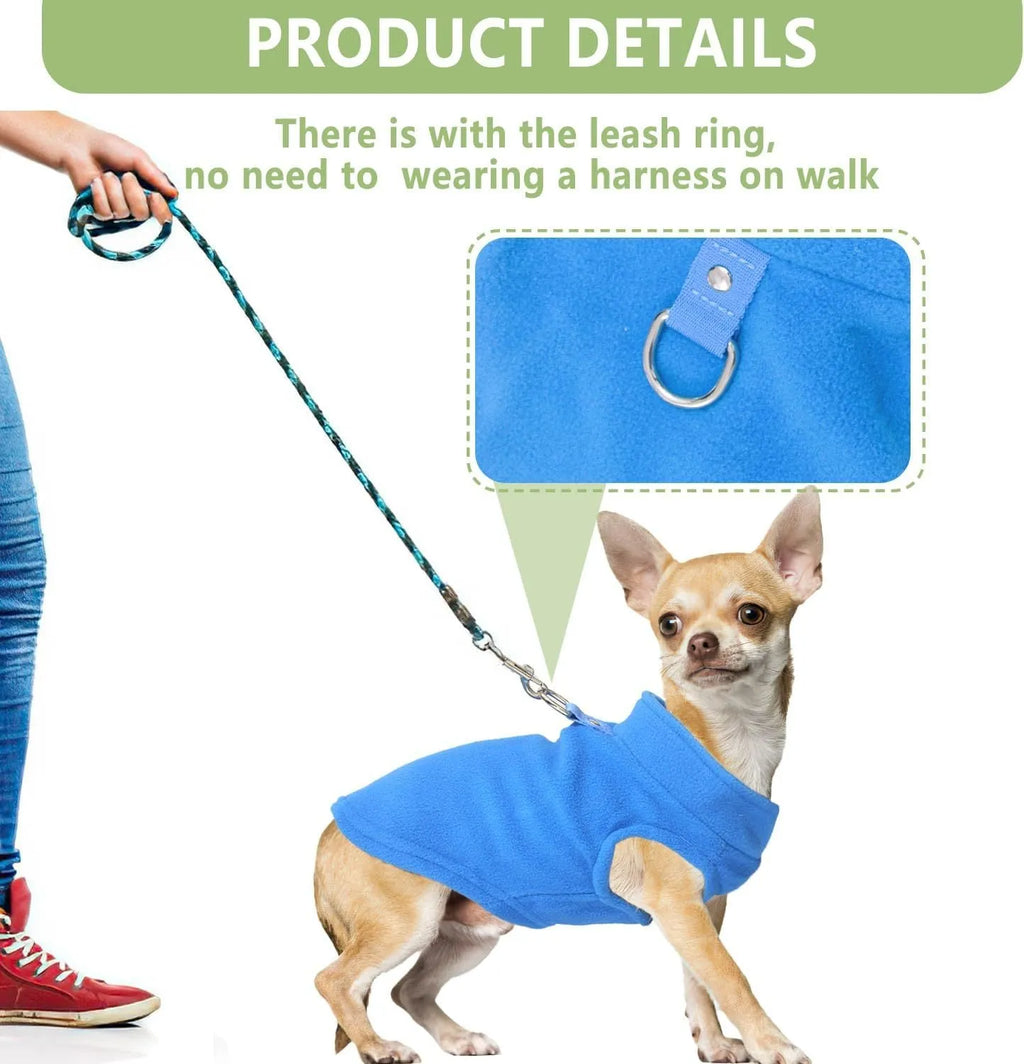 Two warm fleece dog sweaters with D-ring for leash attachment, suitable for small breeds in autumn and winter