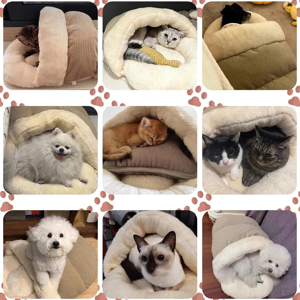Slipper-shaped grey cat cave bed with Arctic velvet interior shown in both enclosed and open configurations