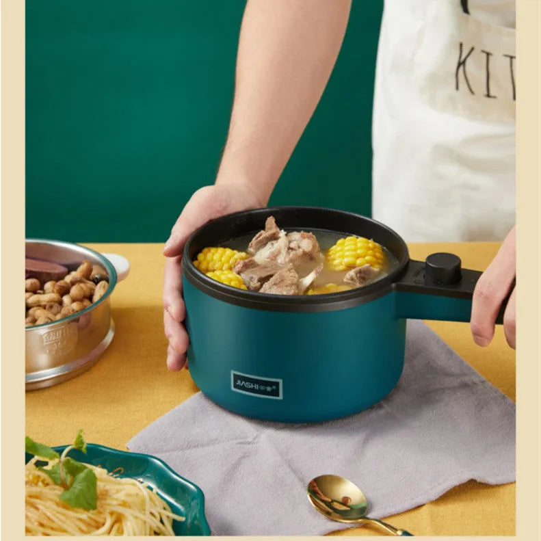 Mini kitchen electric pot 1.2L non-stick with steamer and anti-scalding handle in Nordic green