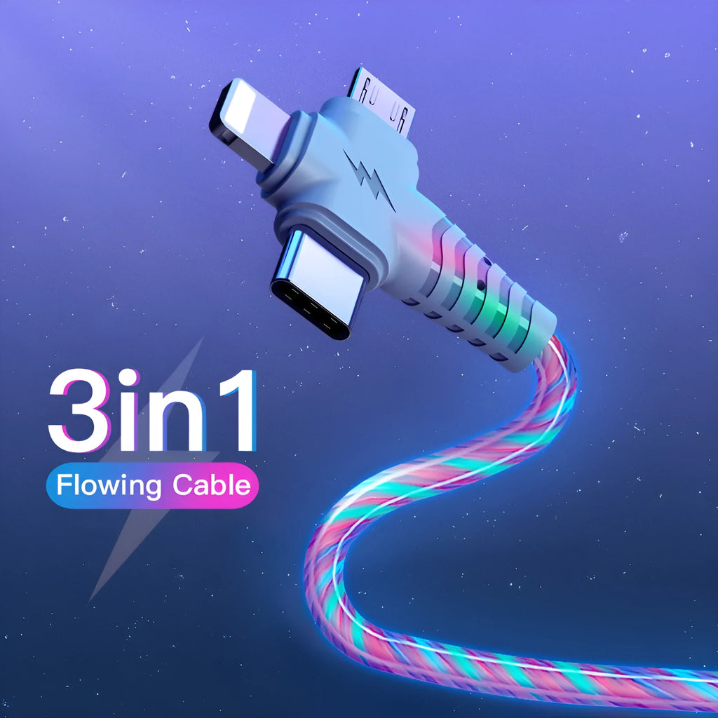 Luminous fast charging cable with aluminium alloy joint and Type C, Micro USB connectors.