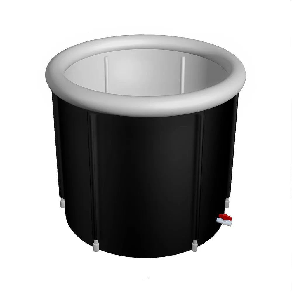 Black inflatable portable ice bath tub with elasticated weather lid, shown at 70x80cm size.