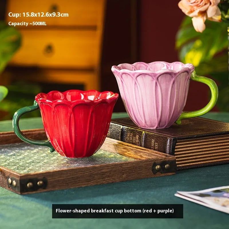 Ceramic breakfast cup with floral pattern, 500ml capacity, in red and purple colours.