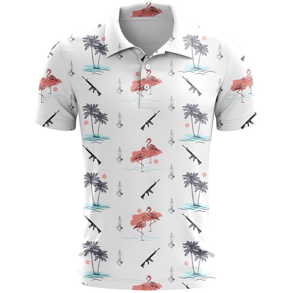 Man wearing a loose-fit grey 3D printed short sleeve sports T-shirt made from bird eye cloth.