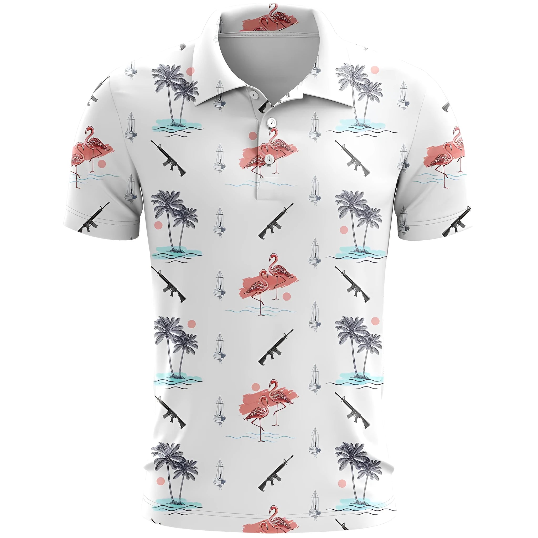 Man wearing a loose-fit grey 3D printed short sleeve sports T-shirt made from bird eye cloth.