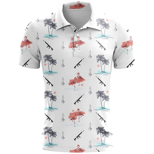 Man wearing a loose-fit grey 3D printed short sleeve sports T-shirt made from bird eye cloth.