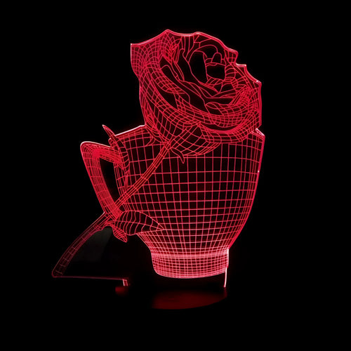 3D rose flower design night light with colour-changing LEDs on a black ABS base.
