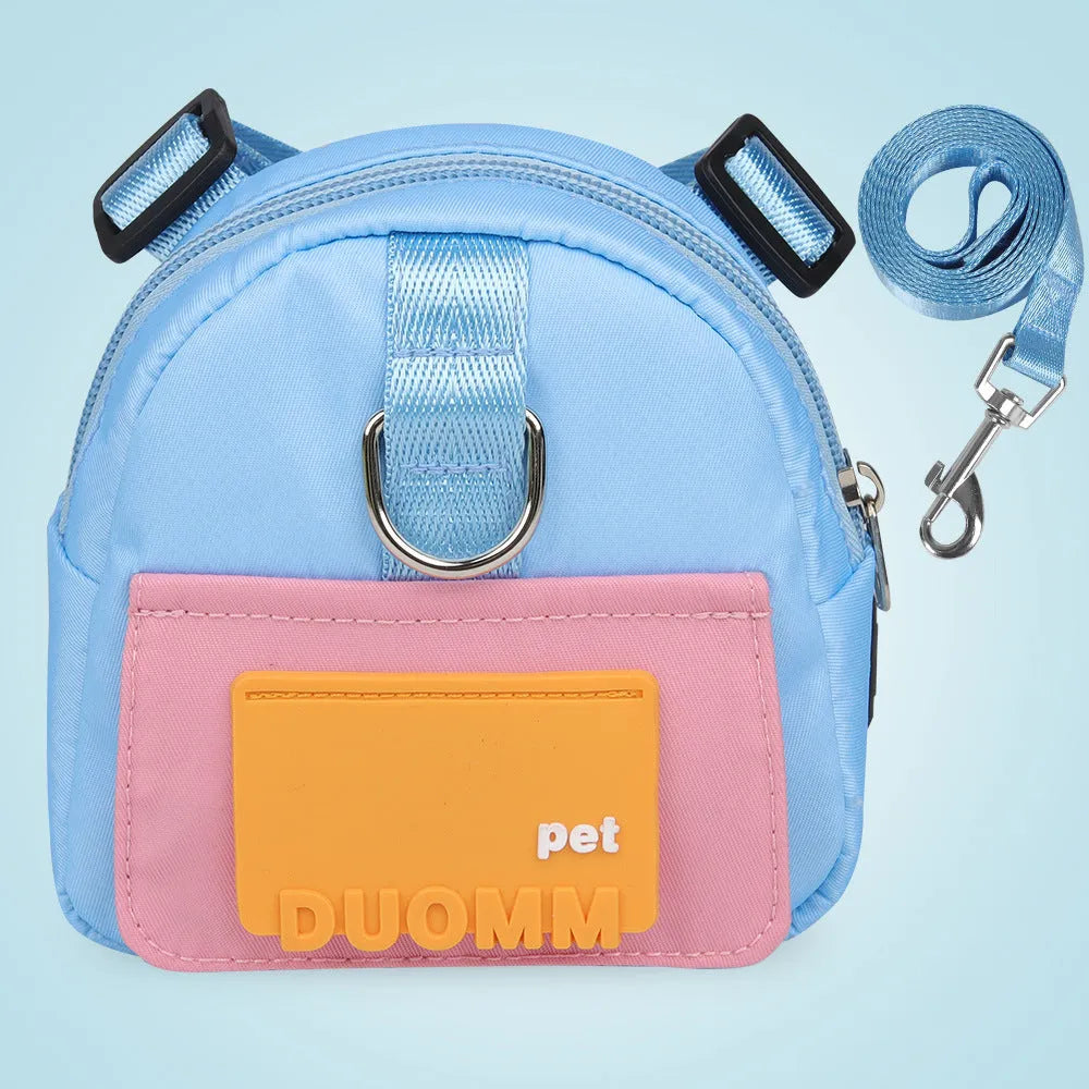 Blue polyester fibre dog backpack harness with snack storage compartments and adjustable straps
