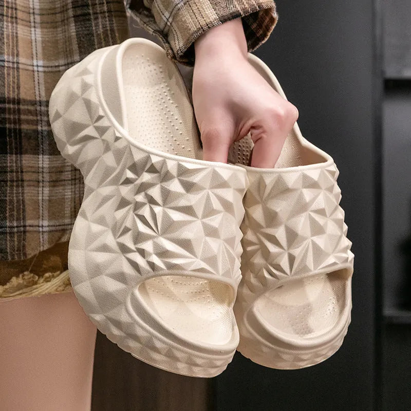 Women's high heel flip flop slippers with a thick EVA sole in khaki, black, and white colour options.