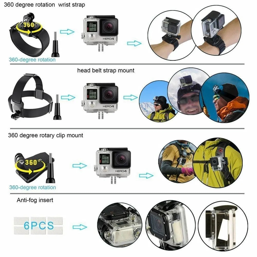 Black sports camera accessory kit with chest strap, head belt, car suction cup, and floating handle grip displayed on a white background