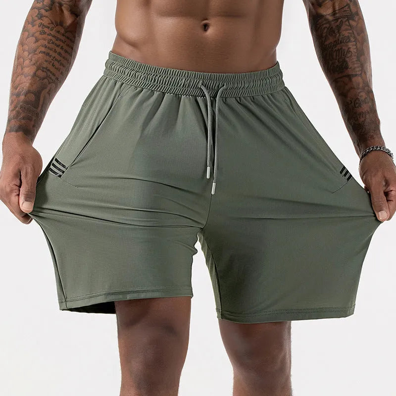 Men's black ice silk quick-drying sports shorts with high waist and cropped length on a plain background.