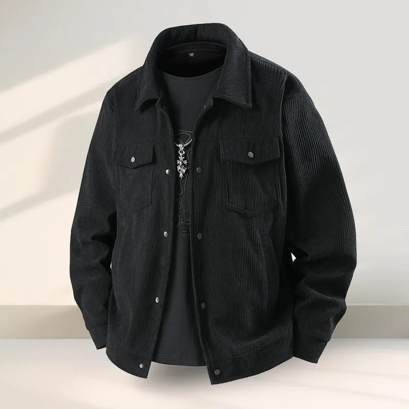 Men's slim fit vinylon coat with American ruffle detailing in black colour