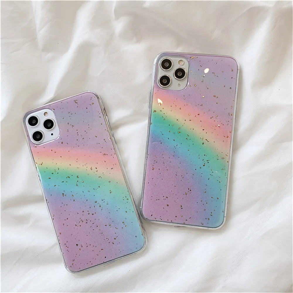 Rainbow gradient striped TPU phone case for iPhone models on a white background.