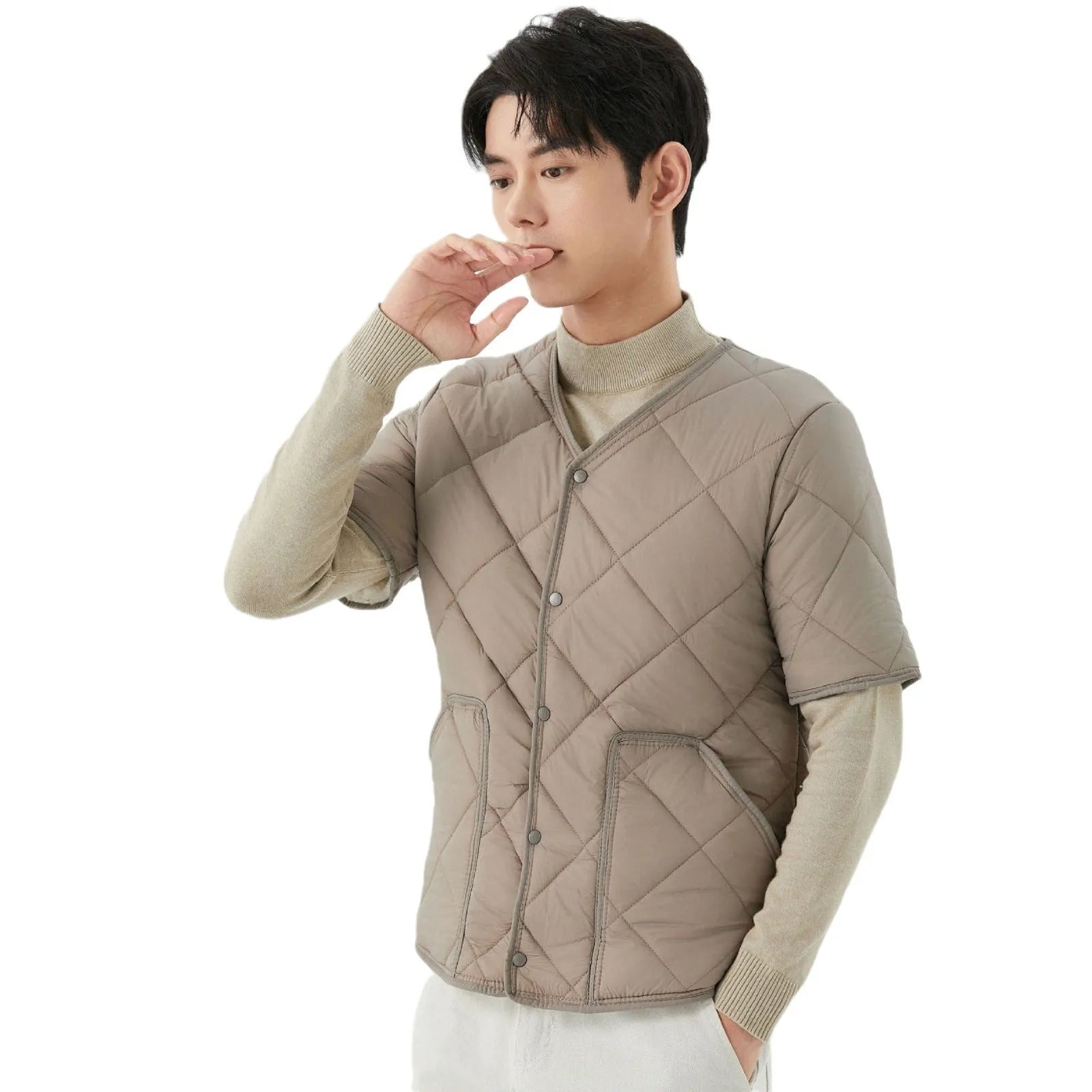 Nylon men's cardigan jacket with wool lining in dark gray, front view