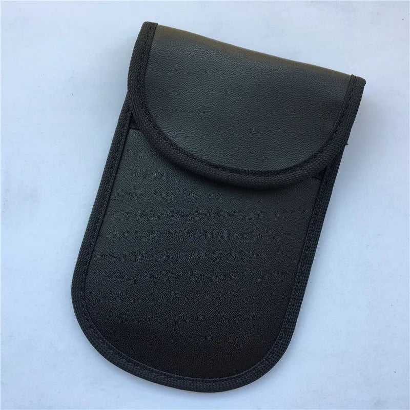 Black signal blocking pouch for car key fob protection measuring 20x10cm