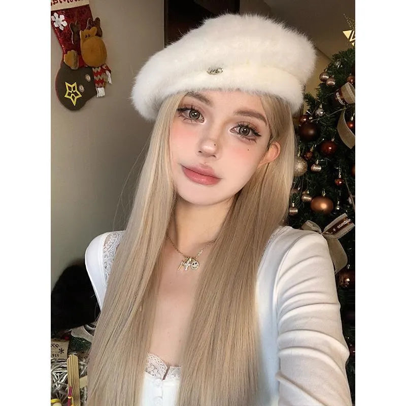 Long straight grey gold wig for women with milk tea blonde colour and included hairnet
