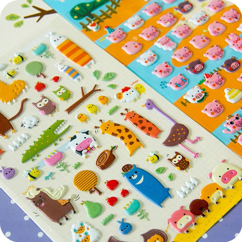 Sheet of cartoon-themed three-dimensional bubble stickers with raised surfaces on various designs like an alpaca, dinosaur, and bow tie cat.