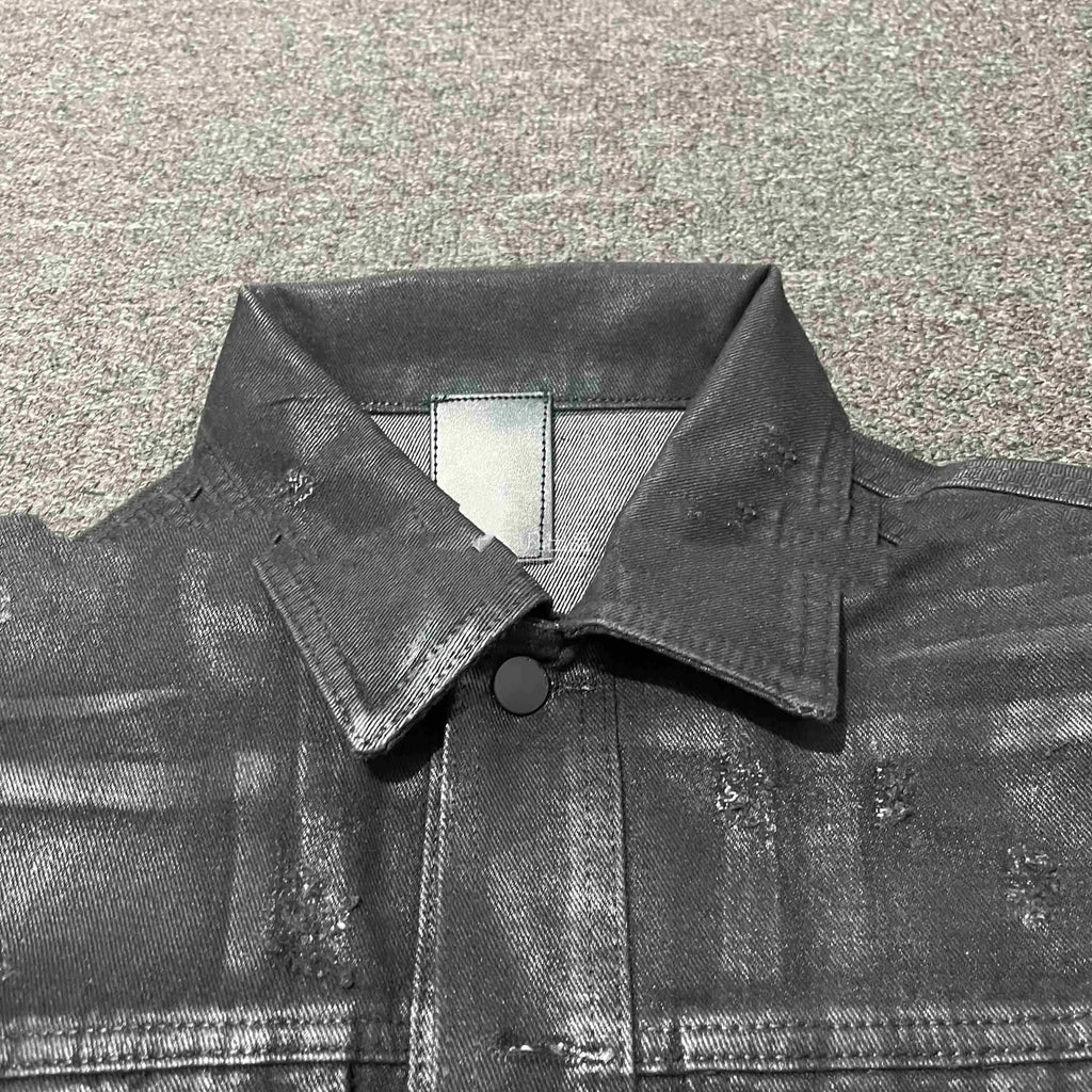 Denim coat archive short slim jacket men black polyester lapel collar long sleeves