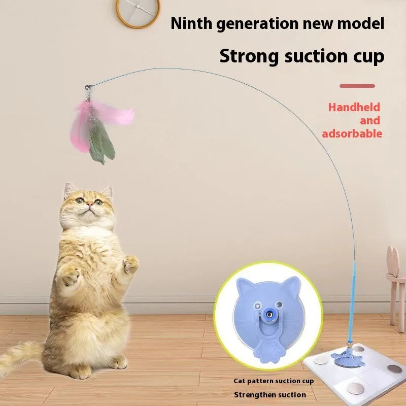 Cat teaser toy with suction cup base, long handle, feather attachments and bell in various colour designs