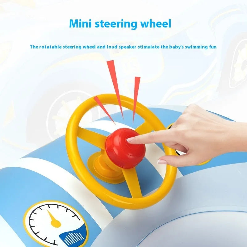 Pink inflatable car-shaped swimming ring with cartoon sports boat design for children.