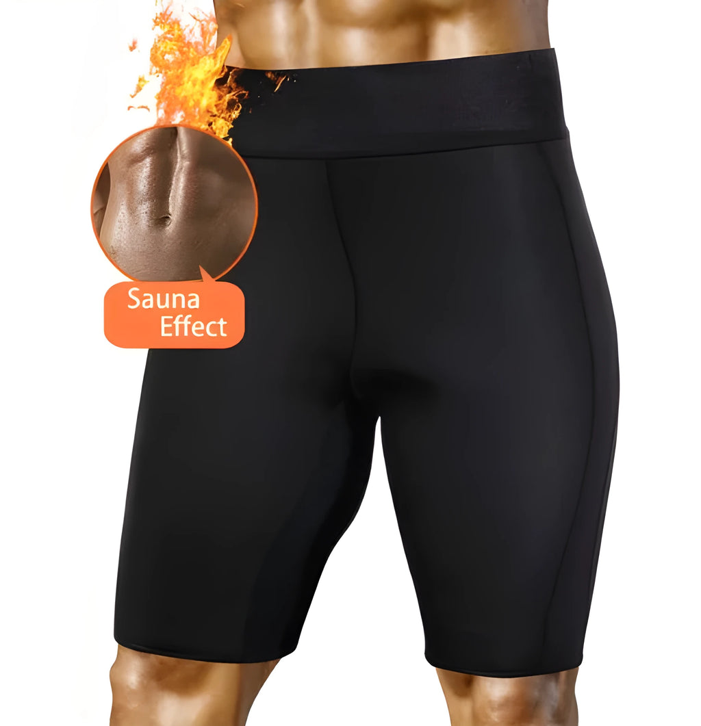 Men's sauna sweat fitness slimming shorts in black with high waist tummy control panel
