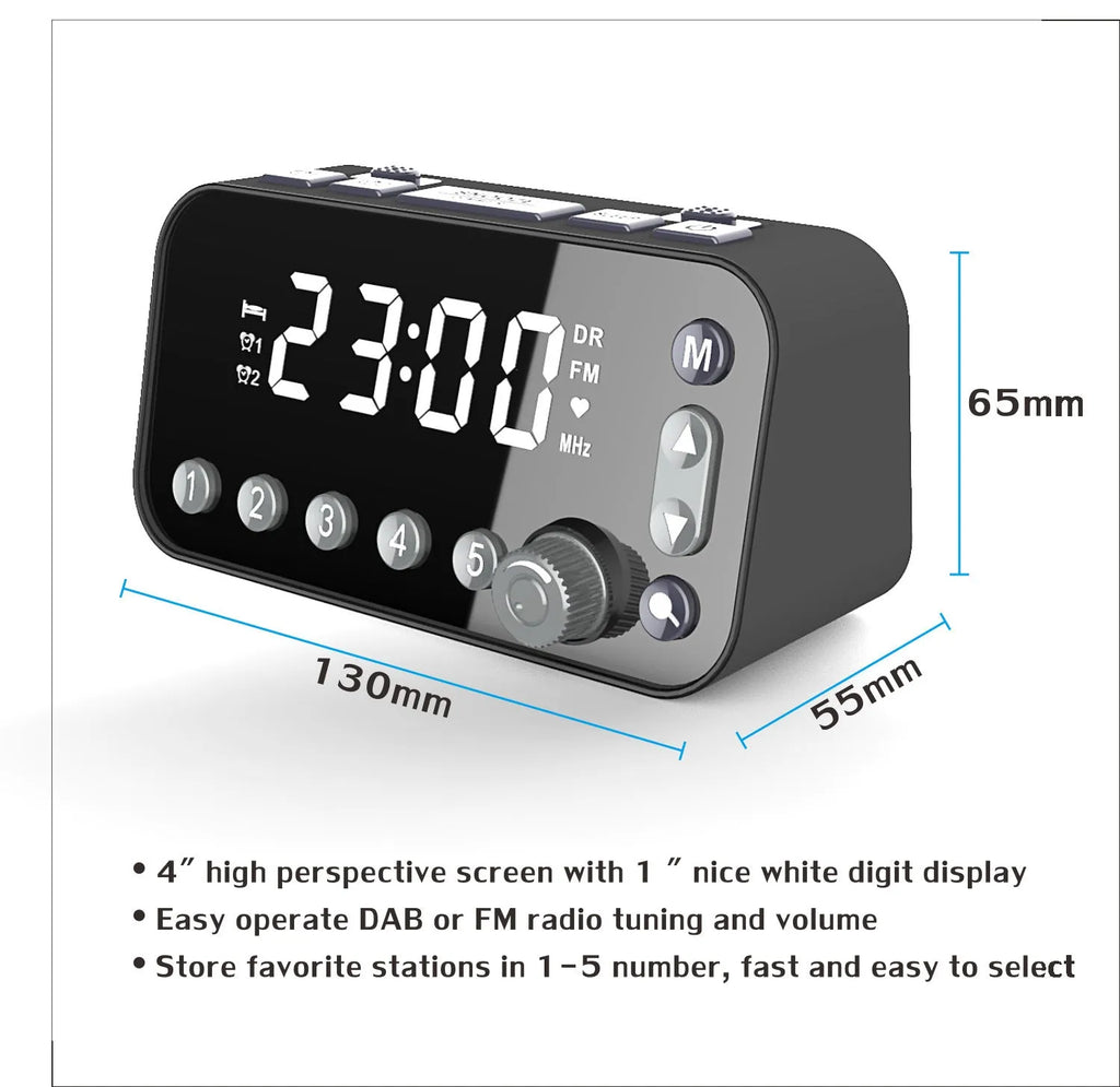 Black DAB bedside alarm clock with LED display and pig tail antenna