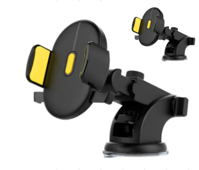 Yellow and black telescopic car phone holder with suction cup mounted on a dashboard.