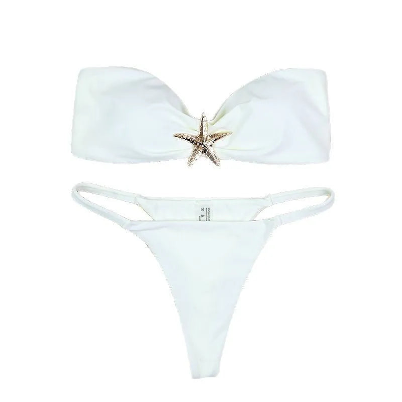 Women's tube top bikini set backless low waist briefs nylon black white blue S M L on display