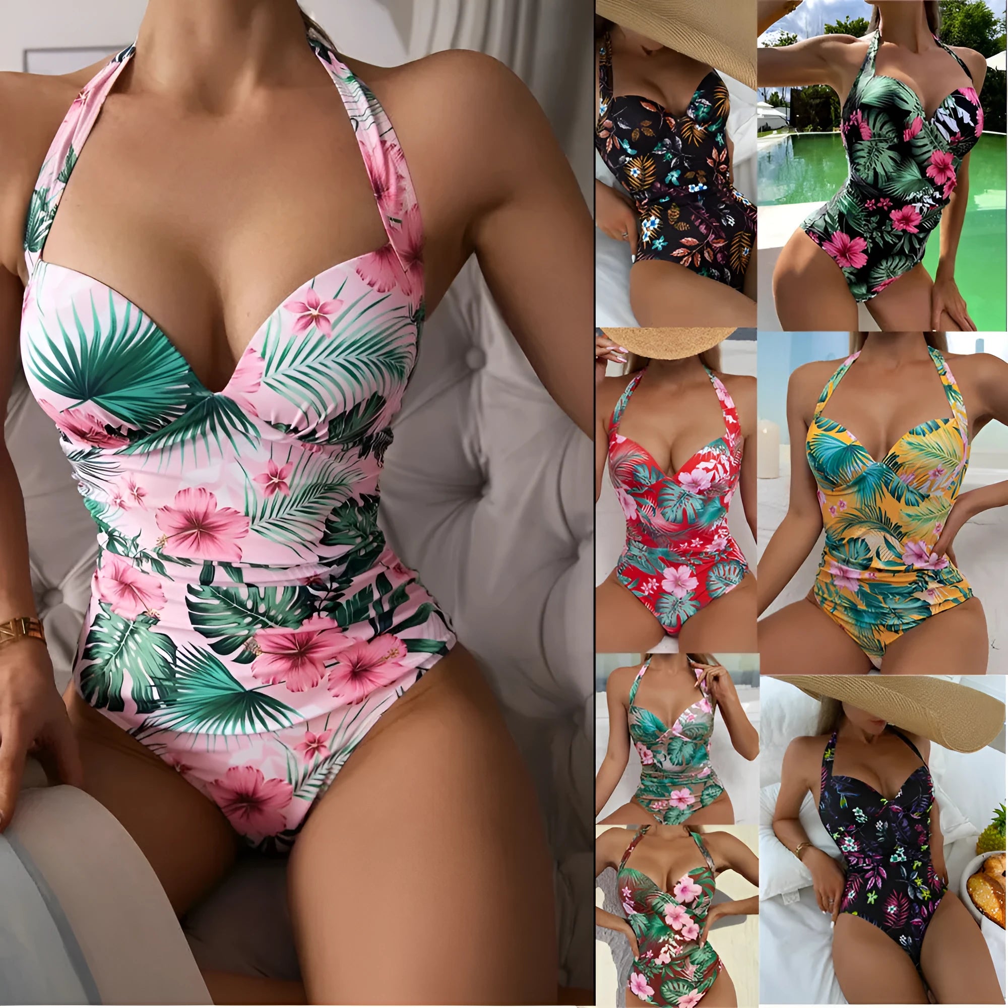 Women's printed one-piece swimsuit with halter neck and backless design in a choice of colours.