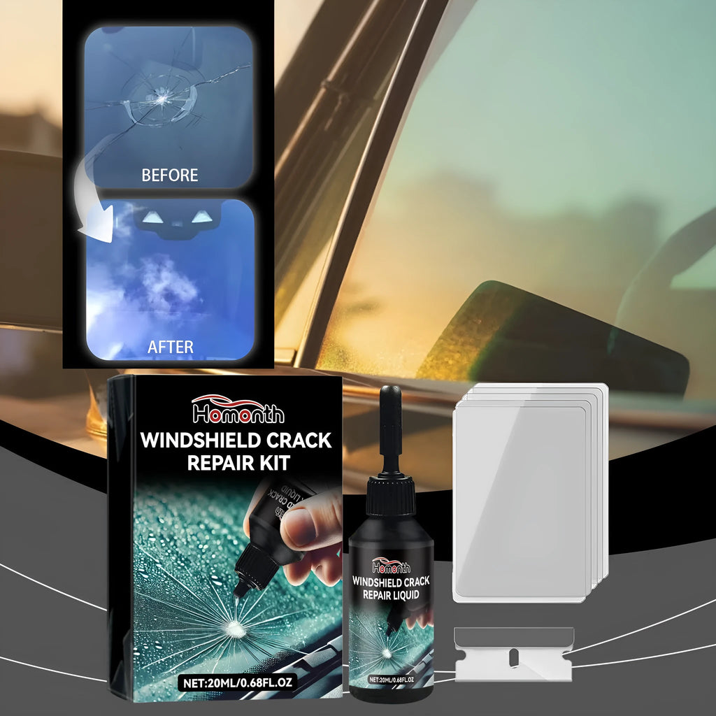 Windshield crack repair kit with 20ml fluid bottle, PET blade, and five cured films for car glass repair.
