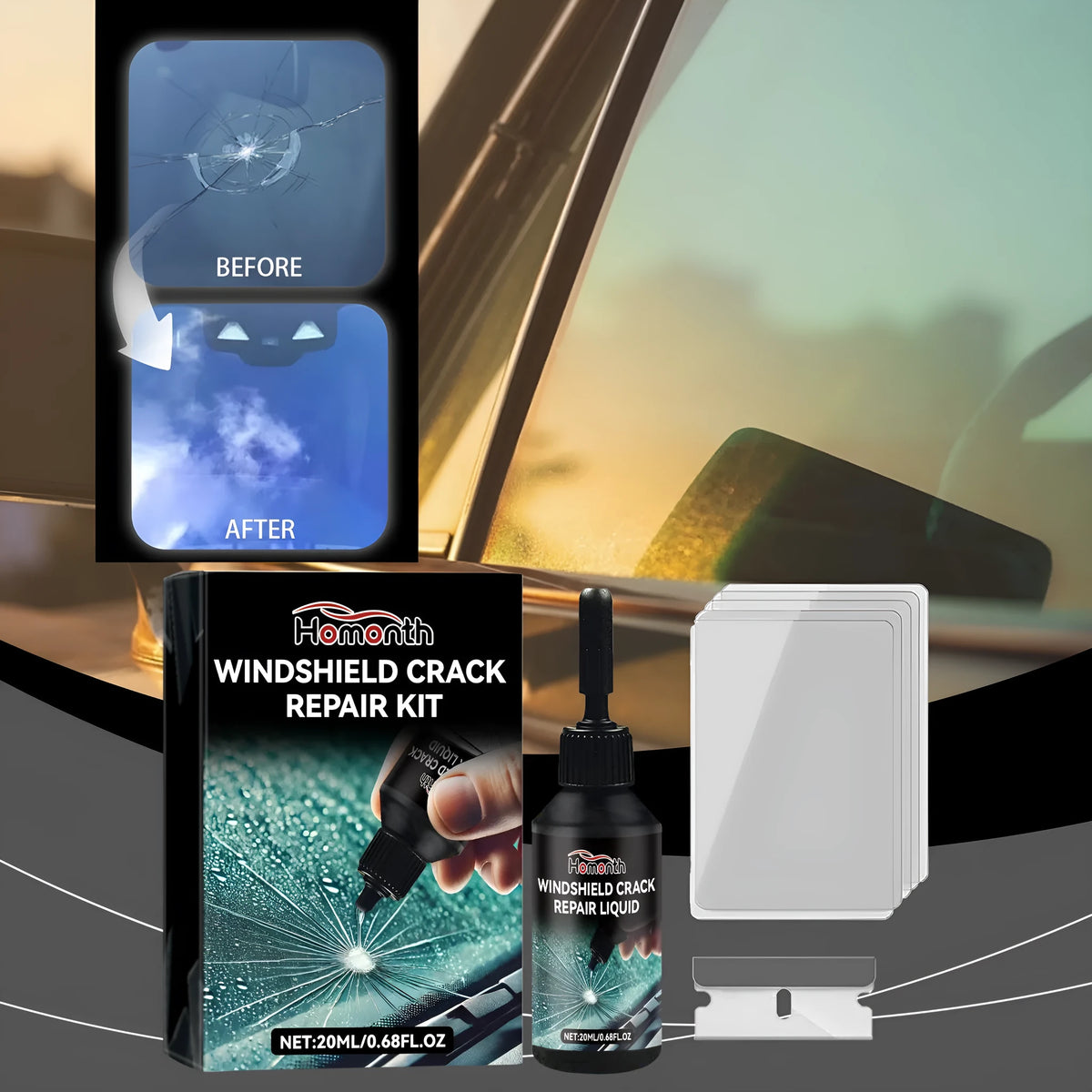 Windshield crack repair kit with 20ml fluid bottle, PET blade, and five cured films for car glass repair.
