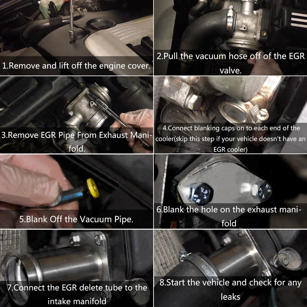 BMW E46 EGR delete kit showing aluminium pipe, blocking plates, bolts, and vacuum plug