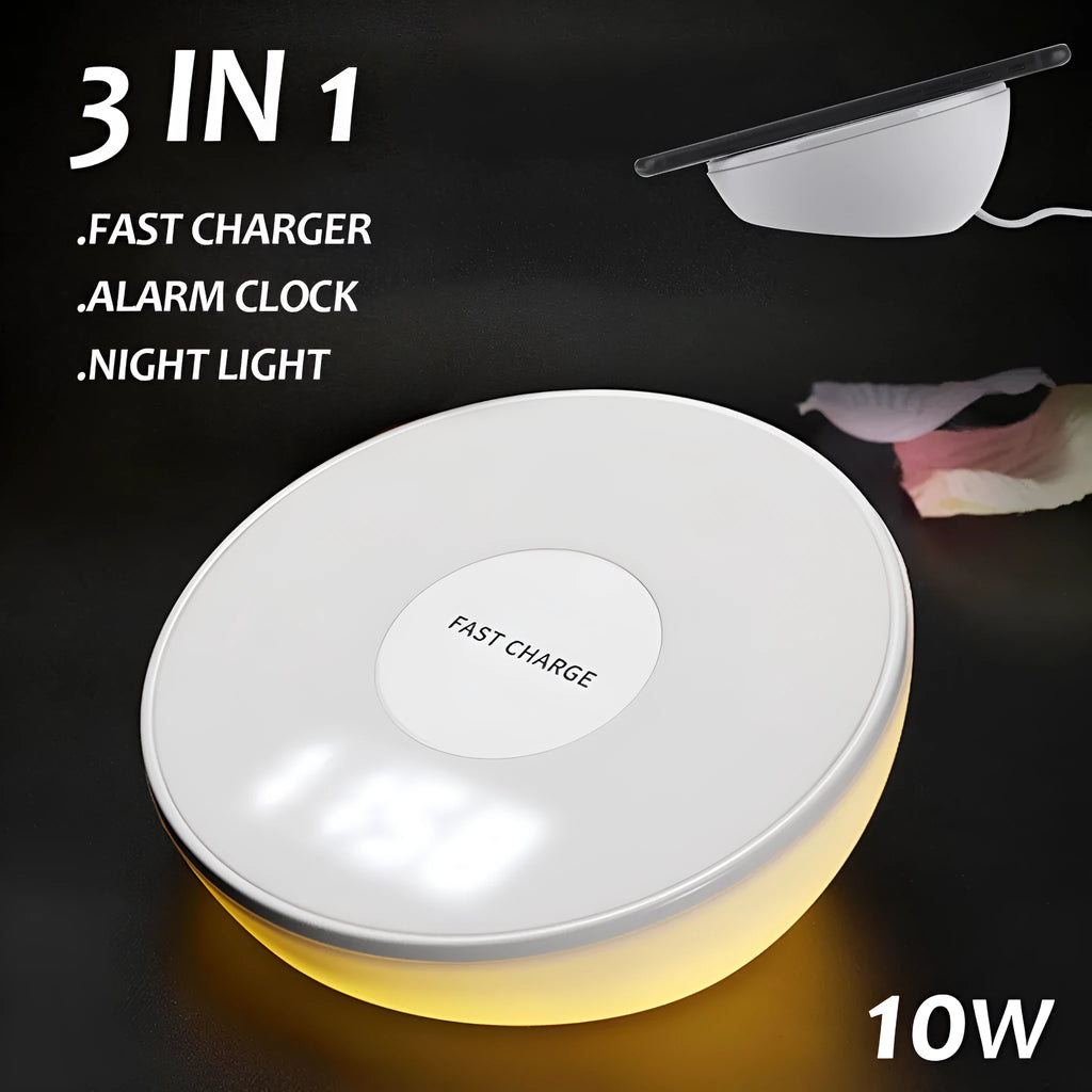 White wireless charging pad with LED clock display showing time, three control buttons, and Qi charging surface for smartphones