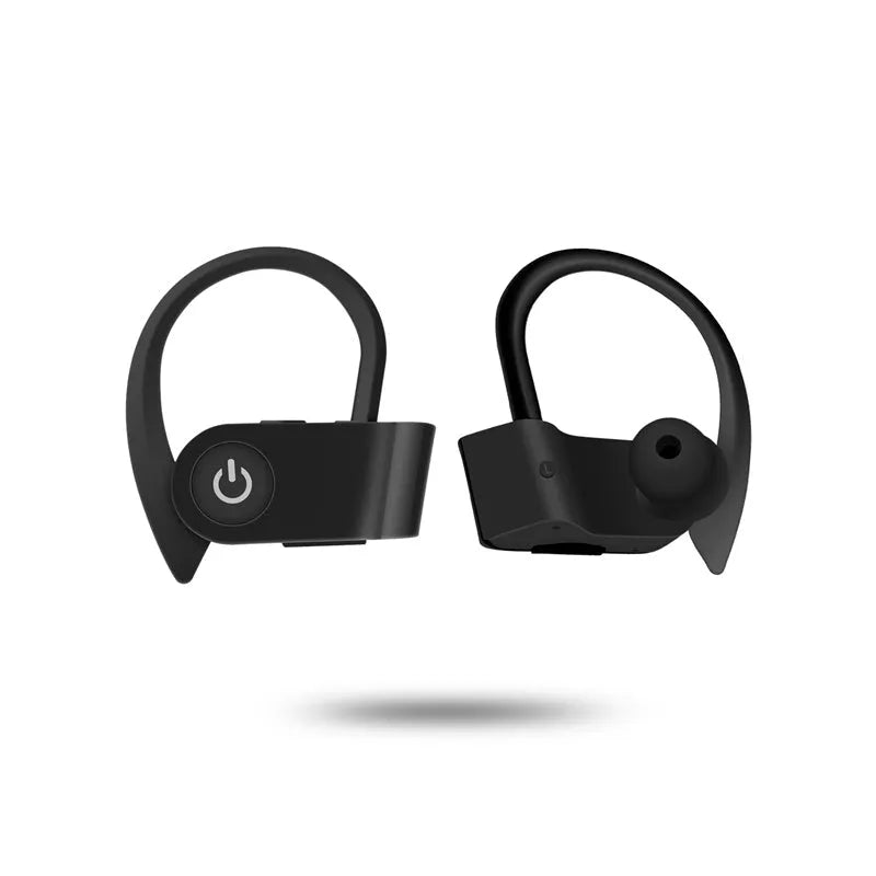 Black wireless Bluetooth earphones with ergonomic design and inline controls for V5.0 connectivity.