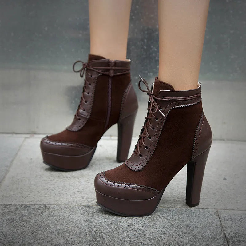 Women's ultra-high heel round toe low-cut Martin boots with waterproof platform, side zipper, black colour