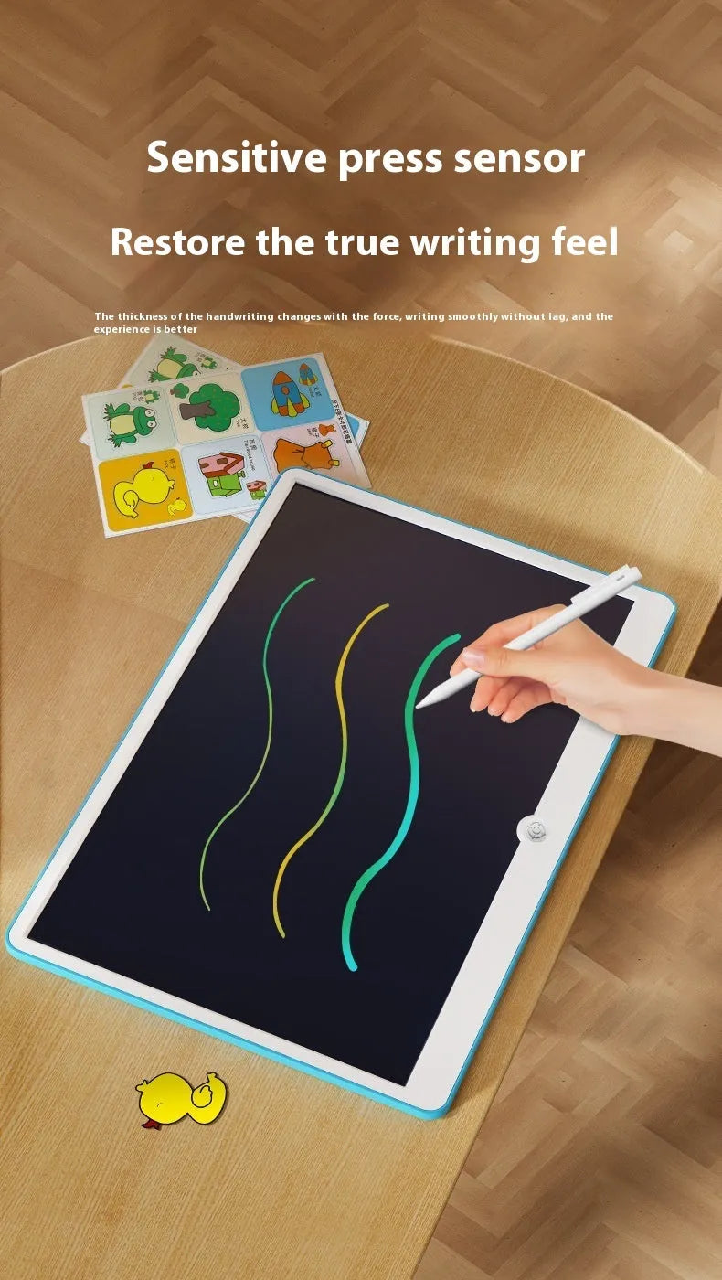19-inch rechargeable LCD drawing board for children in blue and white colour.