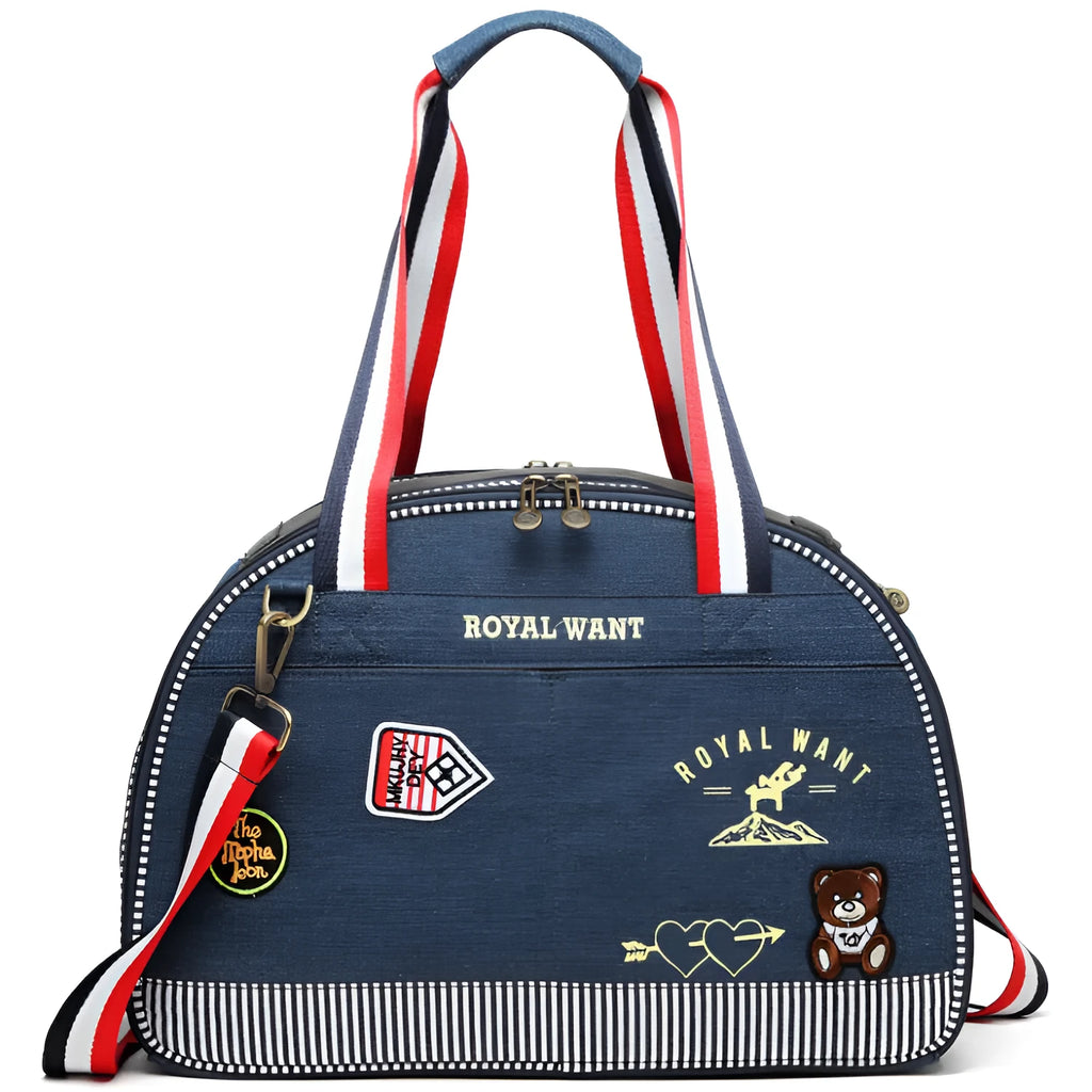 Blue denim pet diaper bag with cartoon pattern, dimensions 43cm by 20cm by 30cm.