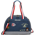 Blue denim pet diaper bag with cartoon pattern, dimensions 43cm by 20cm by 30cm.